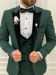 Men's Designer Tuxedo Velvet 3 Piece Slim Fit Suit For Groom and Wedding Wear - Picture 1 of 12