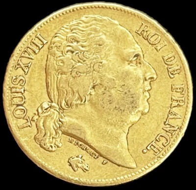 1818 W GOLD FRANCE 20 FRANCS KING LOUIS XVIII COIN LILLE MINT - Изображение 1 из 2