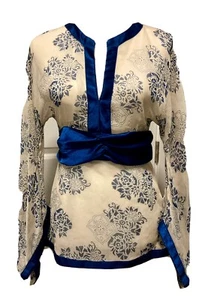 Vintage 90s RAMPAGE Boho Sheer Ivory Kimono Top Royal Blue Trim Gr. S - Bild 1 von 7