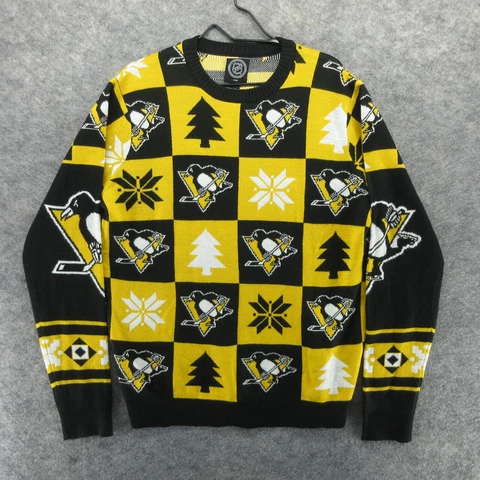 Pittsburgh Penguins Sweater Mens Large Black Yellow Checkered Ugly NHL Hockey Cover