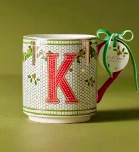 NEW ANTHROPOLOGIE FESTIVE BISTRO TILE MONOGRAM INITIAL CHRISTMAS HOLIDAY MUG K - Picture 1 of 7