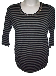 Motherhood Maternity Black Gray Striped Scoop Neck 3/4 Slv Knit Blouse Size L W2 - Picture 1 of 5