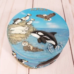 Alaska Coast Round Souvenir Trinket Box 3D Seals Whales Eagles Puffins Otters - Picture 1 of 14