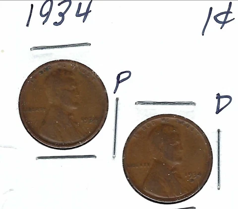 1934 Philadelphia and Denver Two Circulated Copper Lincoln One Cent Coins! Cover