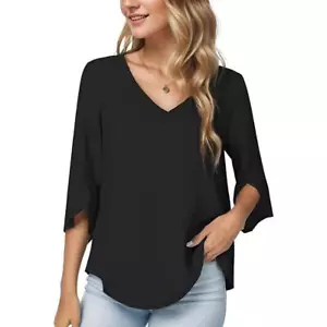 Womens Casual V-Neck Loose Tunic Top 3/4 Sleeve Chiffon Blouse Shirt Tops - Picture 1 of 14