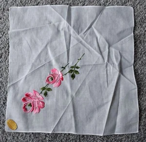 VINTAGE HANKY SOFT WHITE COTTON EMBROIDERED FLORALS PINK ROSES NEW W/TAG - Picture 1 of 8