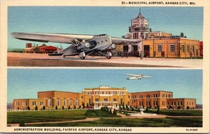 Municipal Airport Kansas City MO & Fairfax KS Vintage Leinen Postkarte Flugzeuge - Bild 1 von 2