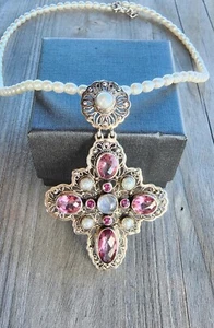 Nicky Butler Sterling Silver Pink Quartz Rhodolite Cross Pendant Pearl Necklace - Picture 1 of 24