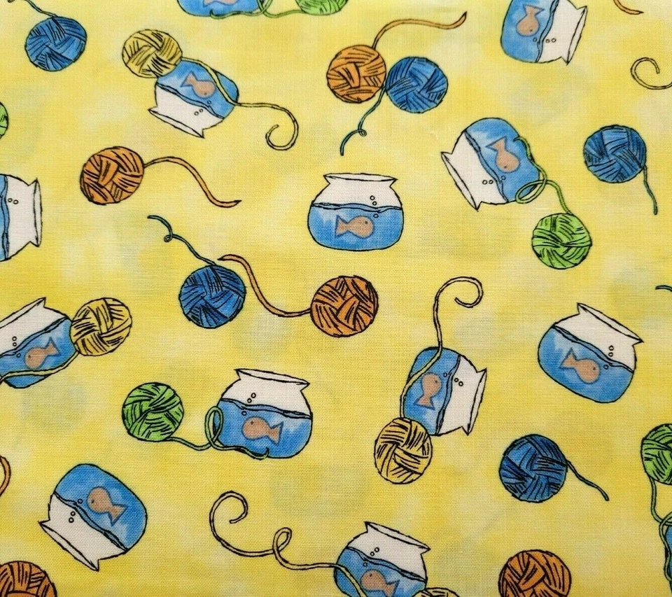 A Cat's Life BTY Tara Reed Quilting Treasure Yarn Fish Bowl Kitty Lemon Yellow - Image 1 of 3