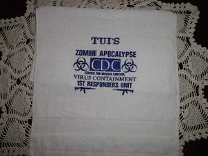 ZOMBIE APOCALYPSE Center Disease Control CDC PERSONALIZED Hand Towel Get Laughs  - Picture 1 of 2