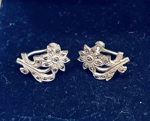 Vintage Silver Rhinestone Flower Screw Back Earrings - Picture 1 of 2