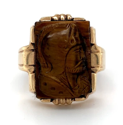 Anillo camafeo de cuarzo ojo de tigre natural genuino de oro amarillo de 10k para hombre (#J5890) Foto 1 de 4