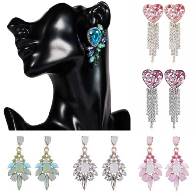 Earrings Women Drop Elegant Ear Crystal Stud Tassel Rhinestone Dangle Jewelry - Image 1 of 4