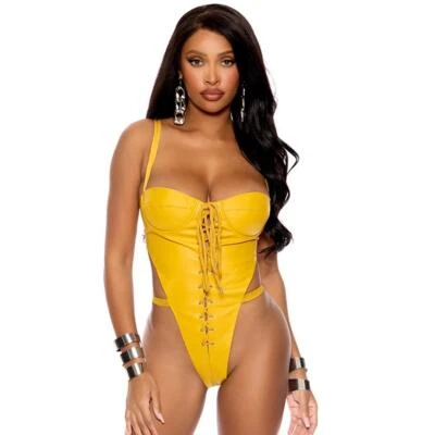 Tanga elástica de cuero amarillo con cordones y aros corte alto L2316 talla única Foto 1 de 4