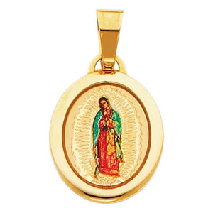 14K Yellow Gold Religious Enamel Lady of Guadalupe Pendant for Necklace Chain - Picture 1 of 4