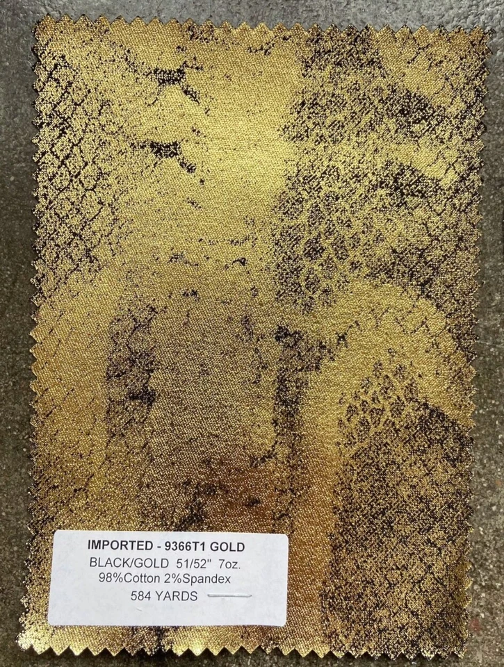 Tecido jeans preto revestido de píton metálico dourado 3 jardas brilhante 7 oz 98 C 2 P  - Imagem 1 de 2