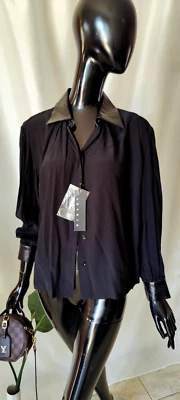 Черная блузка Leisure SISLEY S пуговицы рубашка блузон кожаные потертости - Изображение 1 из 4