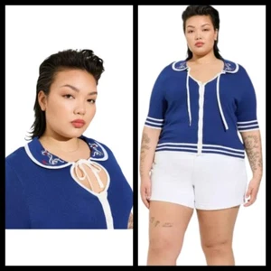 4X 26W Torrid Blue Retro Chic Sweater Cardigan Collard Sailor Patriotic Pinup ti - Picture 1 of 8
