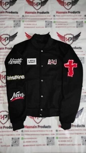 SCHWARZE WOLLE VERISTY BOMBERJACKE MASSGESCHNEIDERTE PATCHES LETTERMAN VERISTY JACKE - Bild 1 von 4
