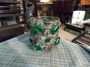 Vintage PEWTER & GREEN GLASS Decorated LOWBALL GLASS 3" X 3" Tall VG ! - Picture 1 of 3
