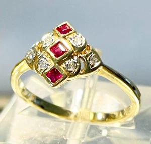 Princess Cut Ruby and Diamond 14k Yellow Gold Ring Size 7.5 - Picture 1 of 9