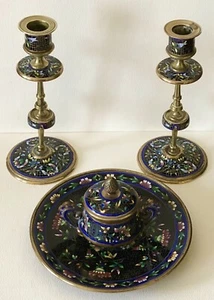 Antikes Champleve Trennwand emailliert Bronze TinteWell & Kerzenhalter Paar Schreibtisch Set - Bild 1 von 12