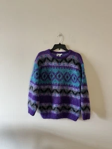 Vintage Icelandic Design Mohair Wool Sweater Handknit M Fuzzy Nordic Fair Isle - Picture 1 of 6