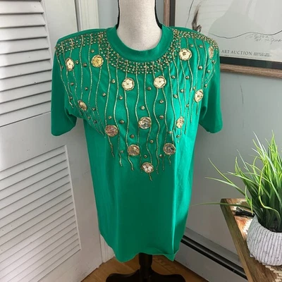 Vintage 90s Womens Top Large Green Embellished Single Stitch Hanes Glitter Bling - Image 1 of 4