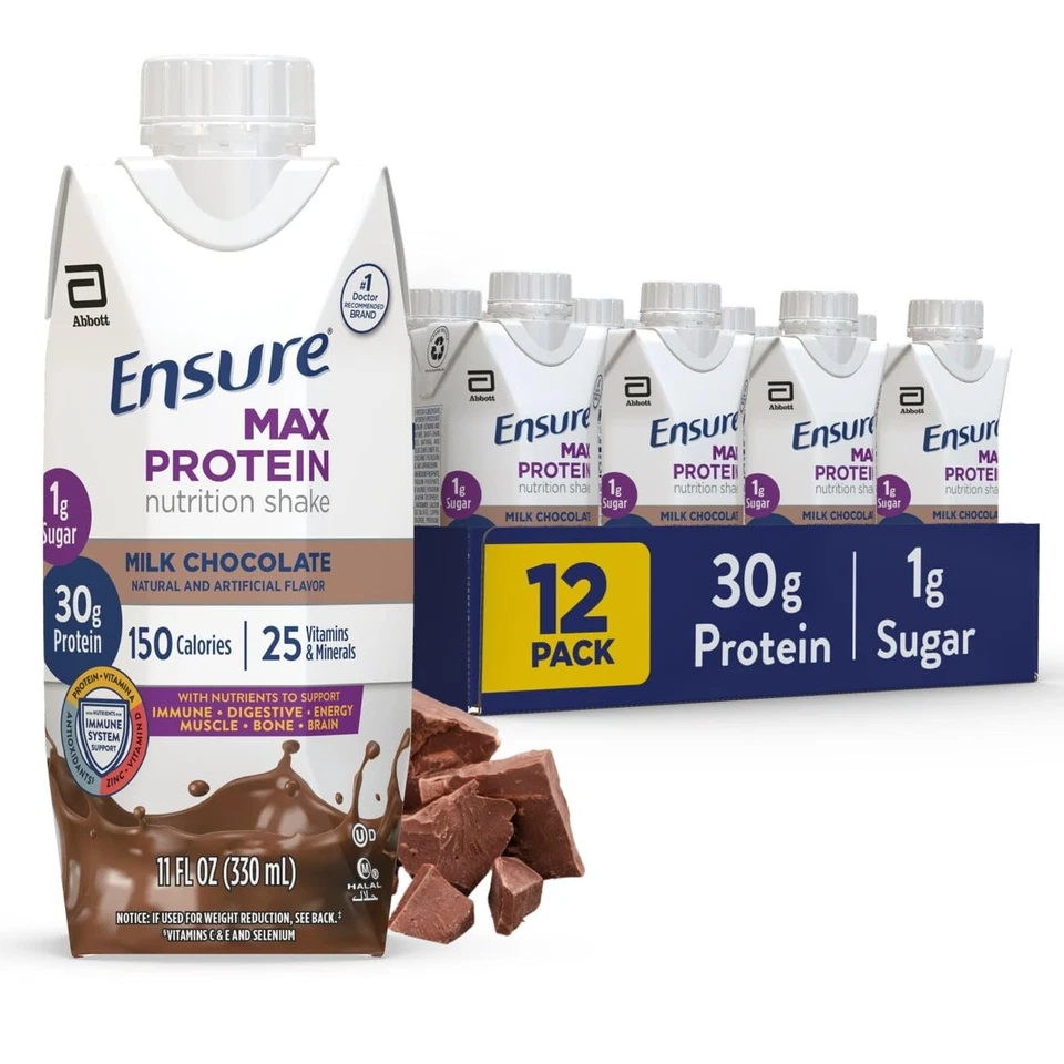 	Ensure Max Protein Shake Milk Chocolate 30g Protein 1g Sugar 12 x 11oz	 - Image 1 of 4