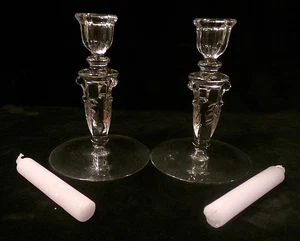2 PC SET of VINTAGE CLEAR PRESSED GLASS CANDLESTICK HOLDERS - Candles Included - Picture 1 of 9