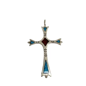Sterling Silver Vintage Native American Zuni Petit Turquoise Coral Cross Pendant - Picture 1 of 5