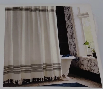 Threshold Shower Curtain Black Stripe fringes 100% Cotton - Image 1 of 4