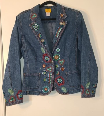 Ruby Rd Aztec Boho Embroidered Denim Jean Jacket Floral sz 12 Pockets  - Image 1 of 4