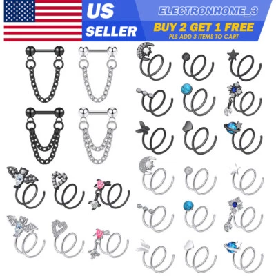 1x Double Hoop Nose Rings Chain Septum Ring Twisted Earring Surgical Steel 20G - Image 1 of 4