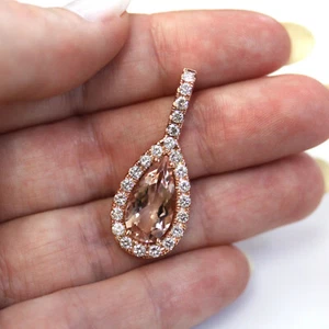5.3 ctw Natural Peach Morganite Diamond Solid 14k Rose Gold Tear Drop Pendant - Picture 1 of 4