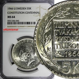 SWEDEN Silver 1966 U 5 Kronor NGC MS64 Constitution Reform 1 YEAR KM# 839 (045) - Picture 1 of 4