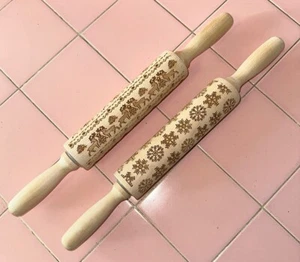 2 NEW Scandinavian Christmas Cookie Rolling Pins Laser Engraved Reindeer Snow - Picture 1 of 4