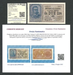 Italy Lire 2 SUP / SUP+ UMBERTO I Certificato Moruzzi Decr.26-08-1897 RRRR 4 - Imagen 1 de 6