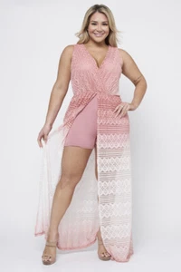 Womens Plus Size Mauve Pink Ombre Lace Romper Maxi Dress 2XL Tall - Picture 1 of 3