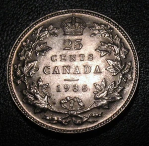 OLD CANADIAN COINS 1936 CANADA SILVER HIGHGRADE TWENTY FIVE CENTS 25 c - Picture 1 of 2