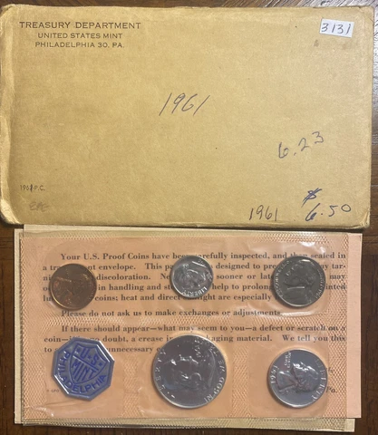 1961 SILVER PROOF SET IN ORIGINAL MINT ENVELOPE  FREE U S SHIPPING Cover
