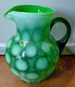 Vintage Fenton Green Glass Coin Spot Dot Optic Water Pitcher / Jug - Picture 1 of 8