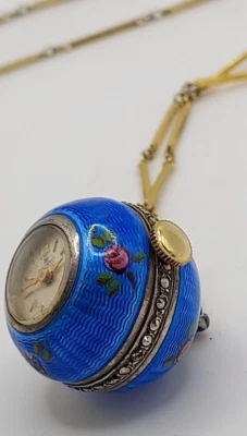 Rare Bucherers 17 Jewels GUILLOCHE BLUE ENAMEL BALL WATCH  Amerikaner Metalchain - Image 1 of 4