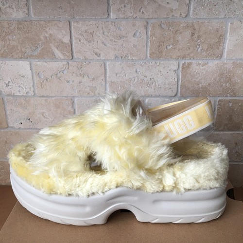 SCARPA SANDALO DONNA UGG GIALLO FLUFF PLATEAU ZUCCHERO A SCORRIMENTO PELLICCIA SINTETICA 3"" TAGLIA US 12