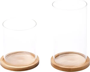 Glass Candles Holders with Wooden Base Tall Glass Hurricane Candle Holder  - Picture 1 of 12