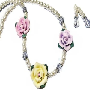 Necklace Porcelain Rose pink purple yellow, choose clip on pierced earrings - Picture 1 of 4