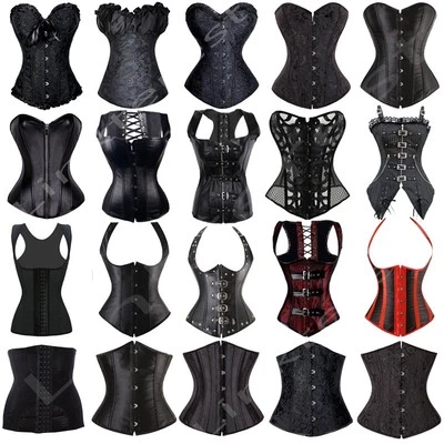 BLACK PUNK WOMEN BONED WAIST TRAINING CORSET OVERBUST LACE UP BUSTIER TOP SHAPER - Image 1 of 4