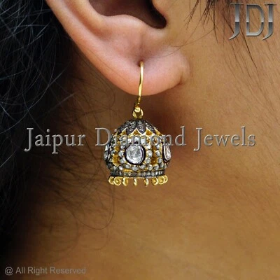 Natural Rosecut Pave Diamond Jumki Earrings 925 Sterling Silver Dangle Jewelry - Image 1 of 4
