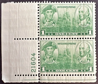 US 1936 Sc# 790 Plate Block of 2 MNH OG Navy issue John Paul Jones & J. Barry 1¢ - Image 1 of 2