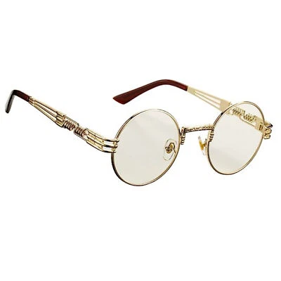 Vintage Round Retro Steampunk Men's Gold Frame Goth Clear Lens Hippie Glasses - Image 1 of 4